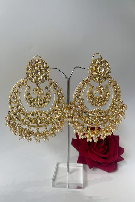 Shop_Studio6 Jewels_Gold Plated Pearls, Diamonds Kundan Studded Chandbalis _at_Aza_Fashions
