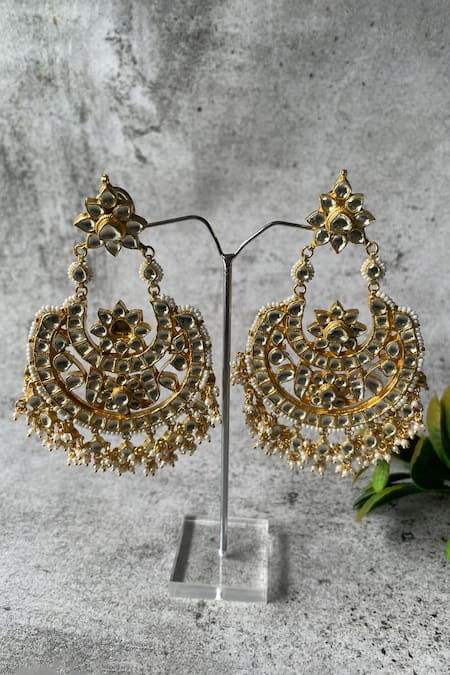 Shop_Studio6 Jewels_Gold Plated Pearls, Stones Clear Embellished Chaandbalis _at_Aza_Fashions