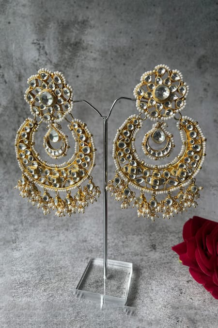 Shop_Studio6 Jewels_Gold Plated Pearls, Stones Floral Vine Embellished Chaandbalis _at_Aza_Fashions