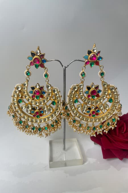 Shop Studio6 Jewels Multi Color Pearls, Stones Double Half Moon Embellished Chaandbalis at Aza Fashions Shop_Studio6 Jewels_Multi Color Pearls, Stones Double Half Moon Embellished Chaandbalis _at_Aza_Fashions