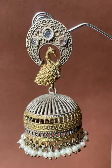 Studio6 Jewels_Multi Color Pearls, Stones Peacock Embellished Oxidized Jhumka_Online_at_Aza_Fashions