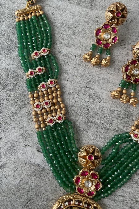 Studio6 Jewels_Multi Color Stones, Beads Studded Layered Temple Necklace Set _Online_at_Aza_Fashions