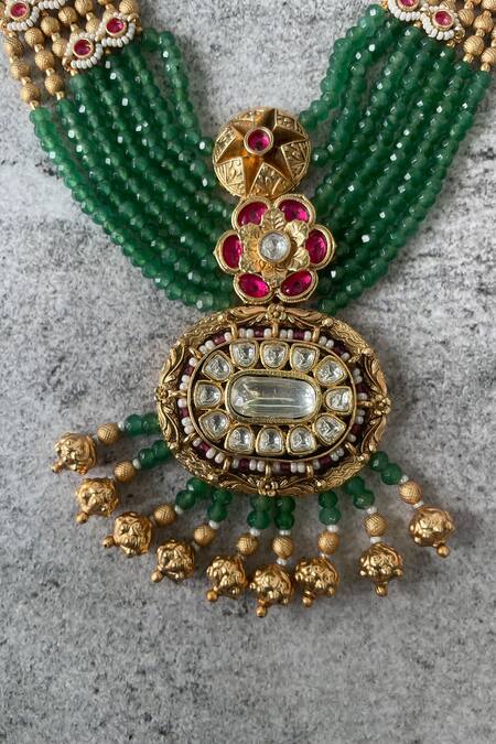 Buy_Studio6 Jewels_Multi Color Stones, Beads Studded Layered Temple Necklace Set _Online_at_Aza_Fashions