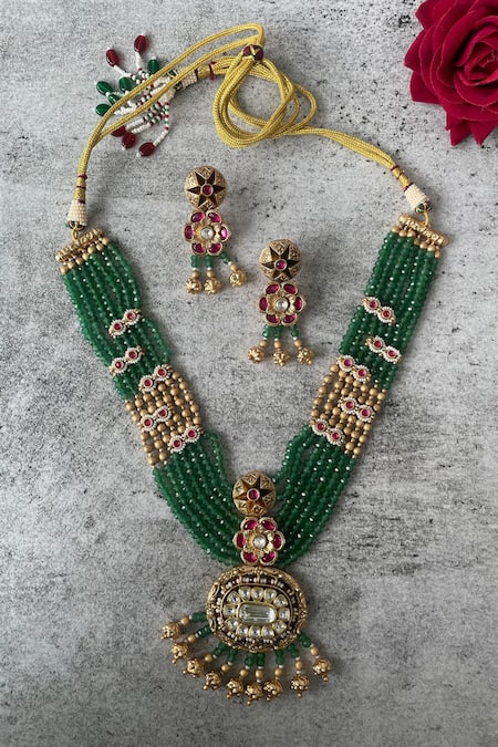 Studio6 Jewels Stone Studded Bead Layered Temple Necklace Set 