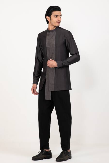 Studio Error_Grey Cotton Silk Plain Colour Blocked Slit Shirt _Online_at_Aza_Fashions