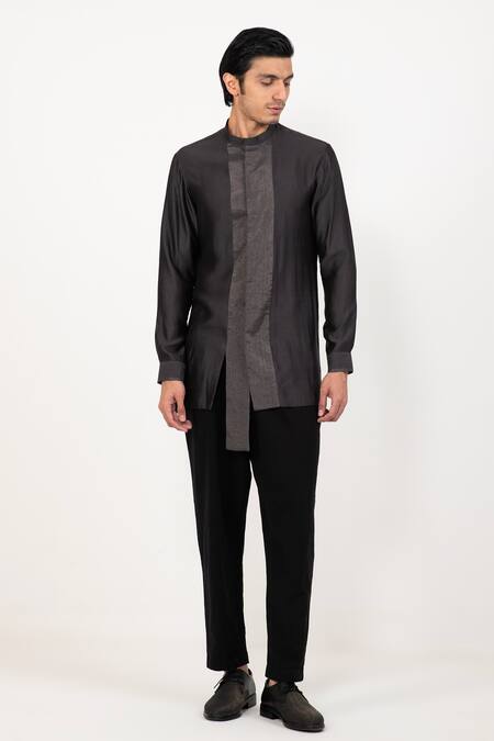 Buy_Studio Error_Grey Cotton Silk Plain Colour Blocked Slit Shirt _Online_at_Aza_Fashions