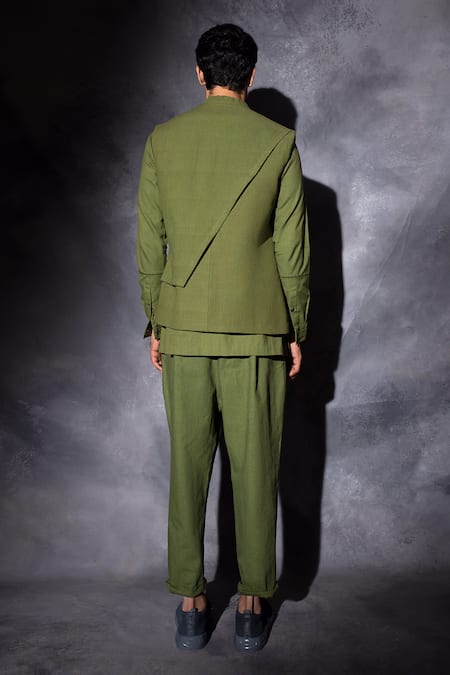 Shop Studio Error Green Cotton Plain Double Layered Waistcoat at Aza Fashions Shop_Studio Error_Green Cotton Plain Double Layered Waistcoat _at_Aza_Fashions