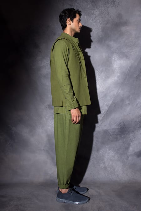 Studio Error Green Cotton Plain Double Layered Waistcoat Online at Aza Fashions Studio Error_Green Cotton Plain Double Layered Waistcoat _Online_at_Aza_Fashions