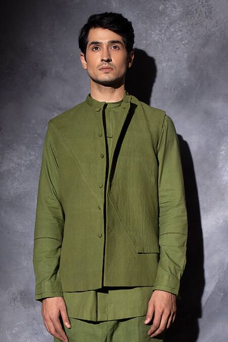 Buy Studio Error Green Cotton Plain Double Layered Waistcoat Online at Aza Fashions Buy_Studio Error_Green Cotton Plain Double Layered Waistcoat _Online_at_Aza_Fashions