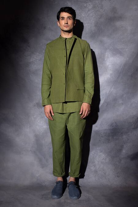 Shop Studio Error Green Cotton Plain Double Layered Waistcoat Online at Aza Fashions Shop_Studio Error_Green Cotton Plain Double Layered Waistcoat _Online_at_Aza_Fashions