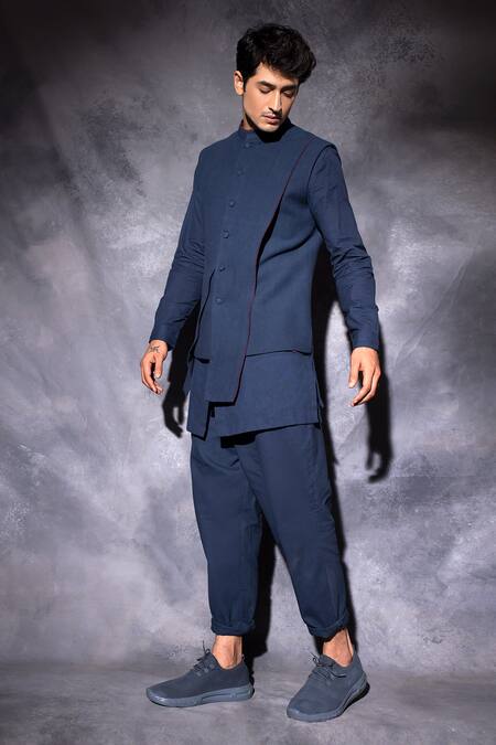 Studio Error Blue Cotton Plain Layered Asymmetric Waistcoat Online at Aza Fashions Studio Error_Blue Cotton Plain Layered Asymmetric Waistcoat _Online_at_Aza_Fashions