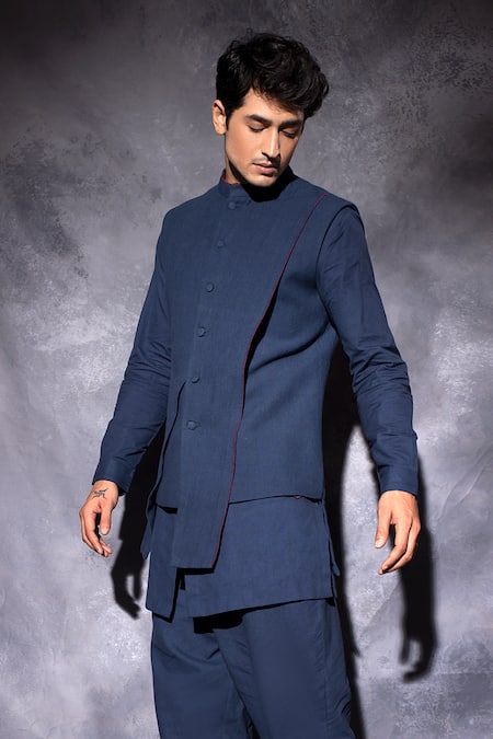 Buy Studio Error Blue Cotton Plain Layered Asymmetric Waistcoat Online at Aza Fashions Buy_Studio Error_Blue Cotton Plain Layered Asymmetric Waistcoat _Online_at_Aza_Fashions