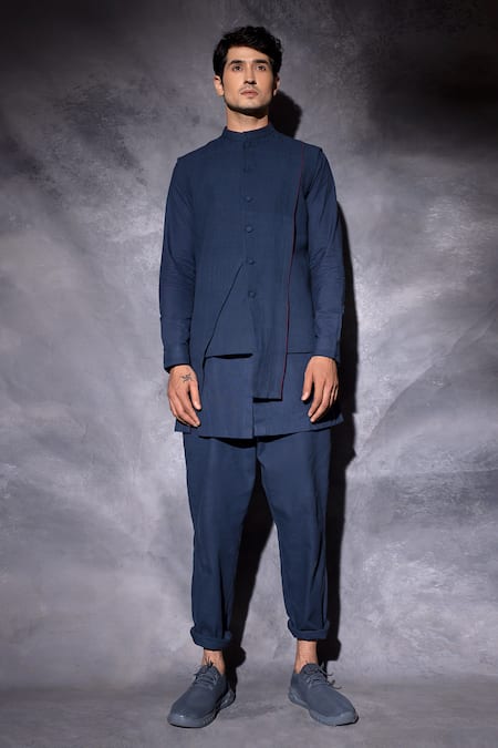 Shop Studio Error Blue Cotton Plain Layered Asymmetric Waistcoat Online at Aza Fashions Shop_Studio Error_Blue Cotton Plain Layered Asymmetric Waistcoat _Online_at_Aza_Fashions