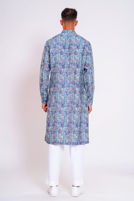 Shop Studio Error Blue Cotton, Silk Abstract Print Straight Kurta at Aza Fashions Shop_Studio Error_Blue Cotton, Silk Abstract Print Straight Kurta _at_Aza_Fashions
