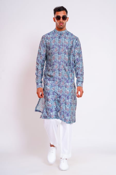 Studio Error Blue Cotton, Silk Abstract Print Straight Kurta Online at Aza Fashions Studio Error_Blue Cotton, Silk Abstract Print Straight Kurta _Online_at_Aza_Fashions