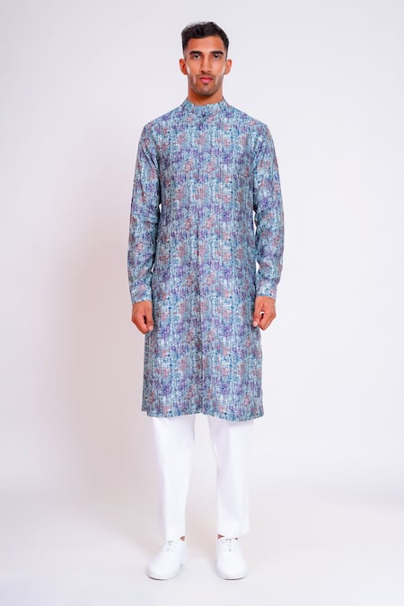 Shop Studio Error Blue Cotton, Silk Abstract Print Straight Kurta Online at Aza Fashions Shop_Studio Error_Blue Cotton, Silk Abstract Print Straight Kurta _Online_at_Aza_Fashions
