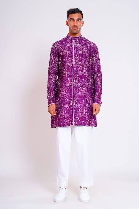 Shop Studio Error Purple Cotton, Silk Splash Pattern Print Short Kurta Online at Aza Fashions Shop_Studio Error_Purple Cotton, Silk Splash Pattern Print Short Kurta _Online_at_Aza_Fashions