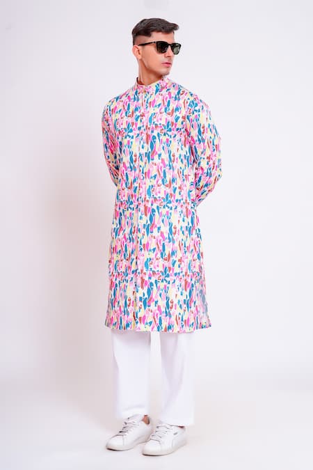 Studio Error White Cotton Satin Abstract Pattern Printed Kurta Online at Aza Fashions Studio Error_White Cotton Satin Abstract Pattern Printed Kurta _Online_at_Aza_Fashions