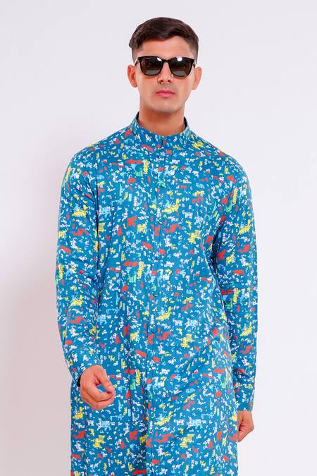 Studio Error Green Cotton Satin Embroidery Scribble Print Straight Kurta Online at Aza Fashions Studio Error_Green Cotton Satin Embroidery Scribble Print Straight Kurta _Online_at_Aza_Fashions