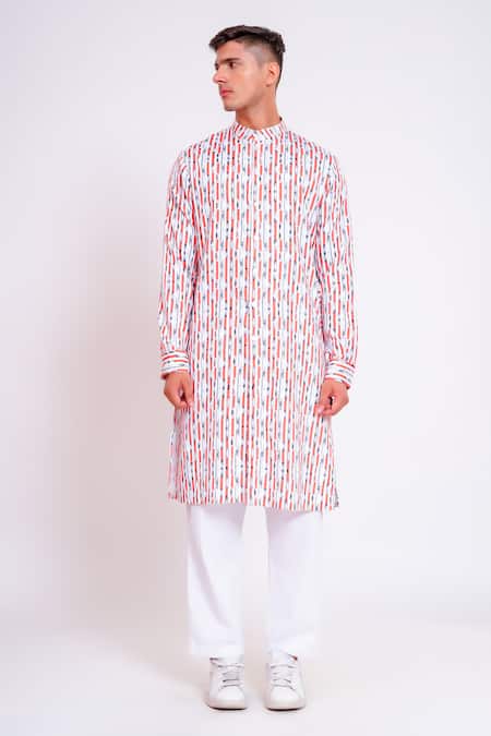 Studio Error White Cotton Satin Abstract Stripe Print Kurta Online at Aza Fashions Studio Error_White Cotton Satin Abstract Stripe Print Kurta _Online_at_Aza_Fashions
