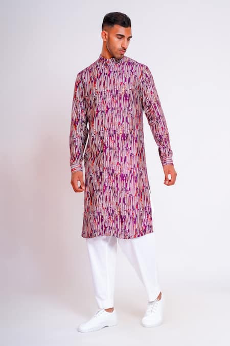 Studio Error Purple Cotton, Silk Glitch Pattern Print Kurta Online at Aza Fashions Studio Error_Purple Cotton, Silk Glitch Pattern Print Kurta _Online_at_Aza_Fashions