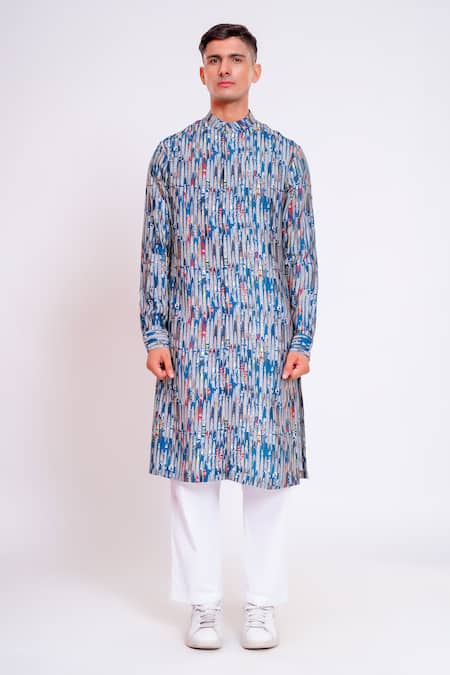 Buy Studio Error Blue Cotton, Silk Wavey Glitch Pattern Print Kurta Online at Aza Fashions Buy_Studio Error_Blue Cotton, Silk Wavey Glitch Pattern Print Kurta _Online_at_Aza_Fashions