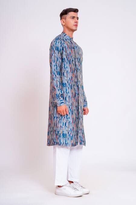 Shop Studio Error Blue Cotton, Silk Wavey Glitch Pattern Print Kurta Online at Aza Fashions Shop_Studio Error_Blue Cotton, Silk Wavey Glitch Pattern Print Kurta _Online_at_Aza_Fashions