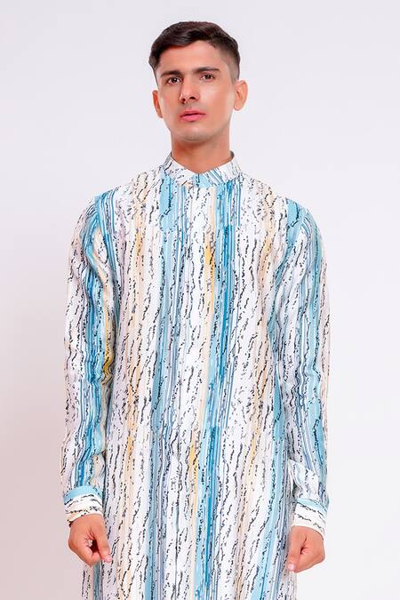 Shop Studio Error White Cotton, Silk Paint Brush Texture Print Kurta Online at Aza Fashions Shop_Studio Error_White Cotton, Silk Paint Brush Texture Print Kurta _Online_at_Aza_Fashions