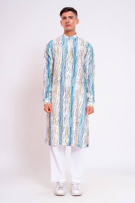 Studio Error White Cotton, Silk Paint Brush Texture Print Kurta at Aza Fashions Studio Error_White Cotton, Silk Paint Brush Texture Print Kurta _at_Aza_Fashions
