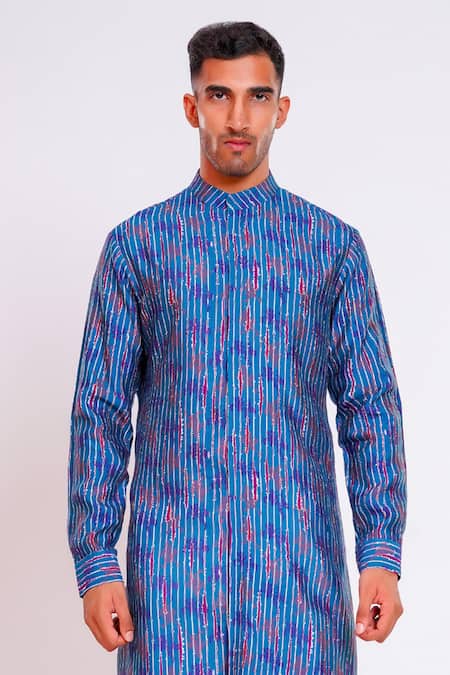 Shop Studio Error Blue Cotton Satin Glitch Stripe Print Kurta Online at Aza Fashions Shop_Studio Error_Blue Cotton Satin Glitch Stripe Print Kurta _Online_at_Aza_Fashions