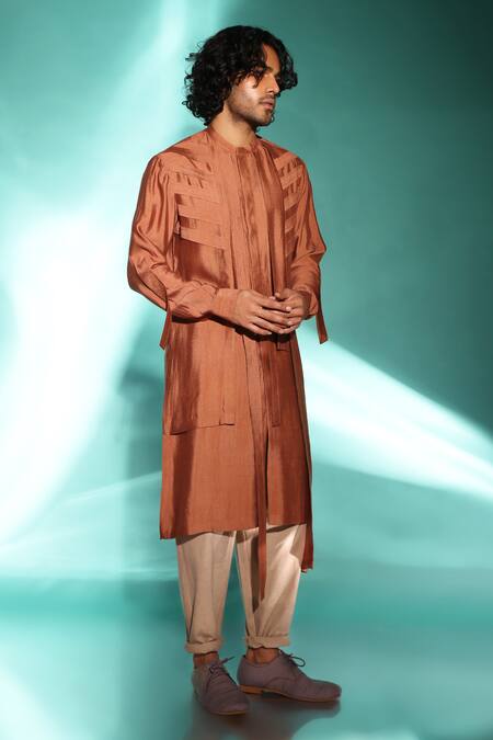 Shop Studio Error Orange Cotton, Silk Piping Track Pintuck Side Panel Kurta Online at Aza Fashions Shop_Studio Error_Orange Cotton, Silk Piping Track Pintuck Side Panel Kurta _Online_at_Aza_Fashions