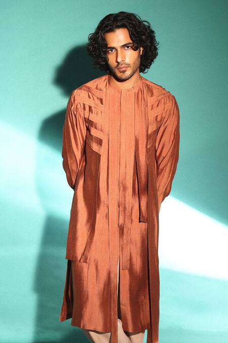 Studio Error Orange Cotton, Silk Piping Track Pintuck Side Panel Kurta at Aza Fashions Studio Error_Orange Cotton, Silk Piping Track Pintuck Side Panel Kurta _at_Aza_Fashions