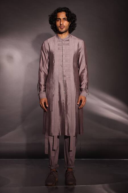Shop_Studio Error_Grey Cotton Silk Pintucks Short Track Kurta _Online_at_Aza_Fashions