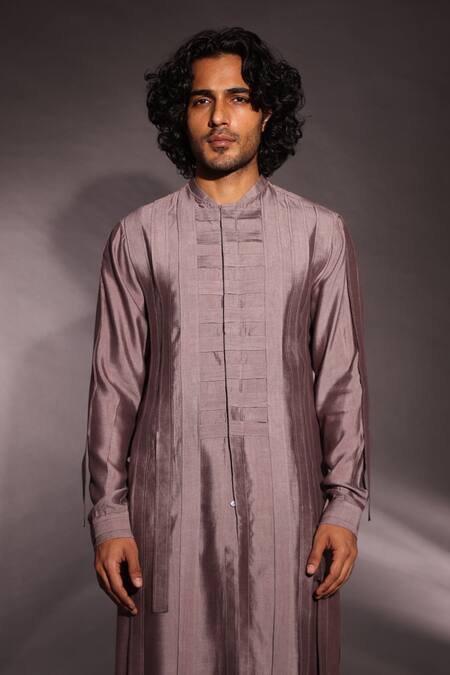Studio Error_Grey Cotton Silk Pintucks Short Track Kurta _at_Aza_Fashions