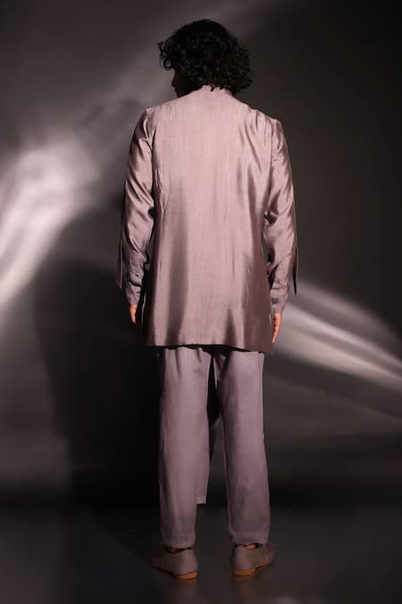 Shop Studio Error Grey Cotton, Silk Long Track Solid Asymmetric Draped Kurta at Aza Fashions Shop_Studio Error_Grey Cotton, Silk Long Track Solid Asymmetric Draped Kurta _at_Aza_Fashions