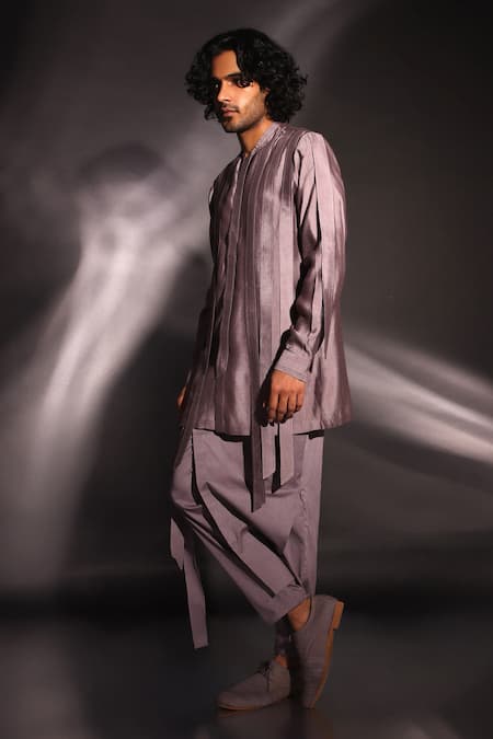 Studio Error Grey Cotton, Silk Long Track Solid Asymmetric Draped Kurta Online at Aza Fashions Studio Error_Grey Cotton, Silk Long Track Solid Asymmetric Draped Kurta _Online_at_Aza_Fashions
