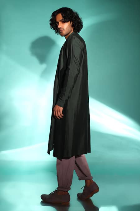 Studio Error Green Cotton, Silk Patchwork Draped Flap Kurta Online at Aza Fashions Studio Error_Green Cotton, Silk Patchwork Draped Flap Kurta _Online_at_Aza_Fashions