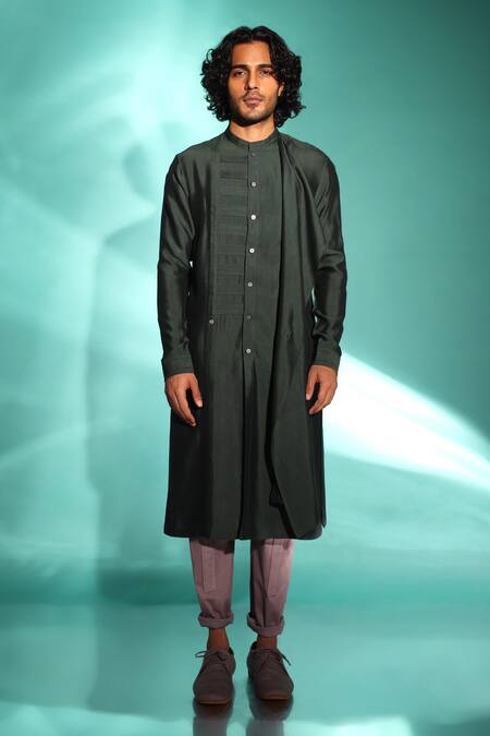 Shop Studio Error Green Cotton, Silk Patchwork Draped Flap Kurta Online at Aza Fashions Shop_Studio Error_Green Cotton, Silk Patchwork Draped Flap Kurta _Online_at_Aza_Fashions