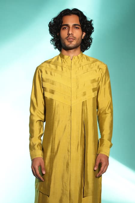 Shop Studio Error Yellow Cotton, Silk Patchwork Double Layer Kurta Online at Aza Fashions Shop_Studio Error_Yellow Cotton, Silk Patchwork Double Layer Kurta _Online_at_Aza_Fashions