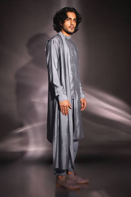 Studio Error Grey Cotton, Silk Solid Draped Kurta Online at Aza Fashions Studio Error_Grey Cotton, Silk Solid Draped Kurta _Online_at_Aza_Fashions