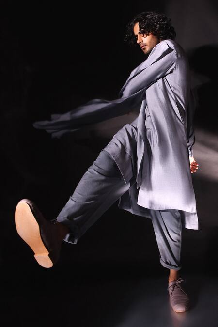 Shop Studio Error Grey Cotton, Silk Solid Draped Kurta Online at Aza Fashions Shop_Studio Error_Grey Cotton, Silk Solid Draped Kurta _Online_at_Aza_Fashions