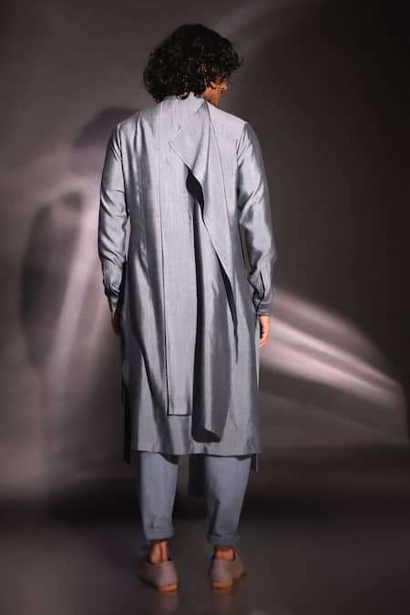 Shop Studio Error Grey Cotton, Silk Asymmetric Layered Draped Kurta at Aza Fashions Shop_Studio Error_Grey Cotton, Silk Asymmetric Layered Draped Kurta _at_Aza_Fashions