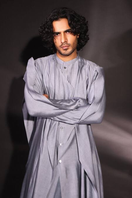 Studio Error Grey Cotton, Silk Asymmetric Layered Draped Kurta Online at Aza Fashions Studio Error_Grey Cotton, Silk Asymmetric Layered Draped Kurta _Online_at_Aza_Fashions