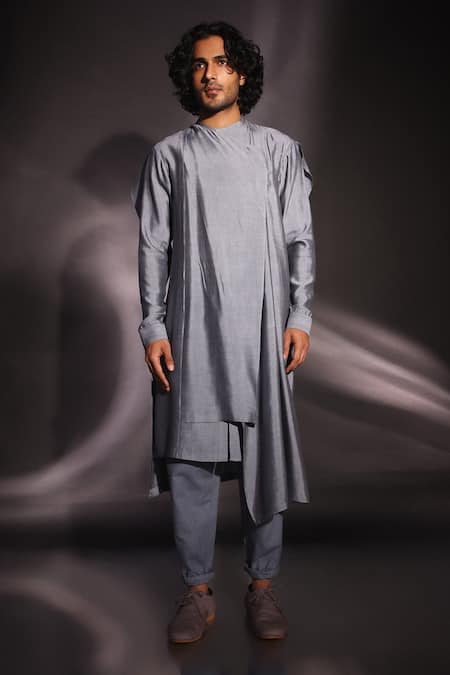 Buy Studio Error Grey Cotton, Silk Asymmetric Layered Draped Kurta Online at Aza Fashions Buy_Studio Error_Grey Cotton, Silk Asymmetric Layered Draped Kurta _Online_at_Aza_Fashions