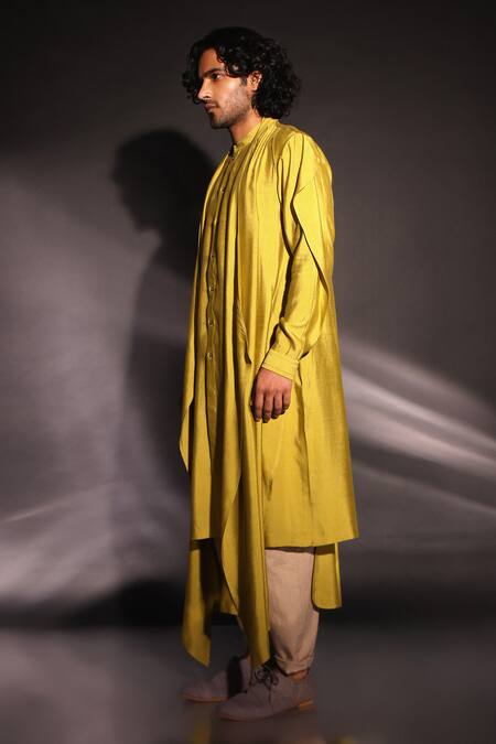 Studio Error Yellow Cotton, Silk Asymmetric Draped Layered Kurta Online at Aza Fashions Studio Error_Yellow Cotton, Silk Asymmetric Draped Layered Kurta _Online_at_Aza_Fashions