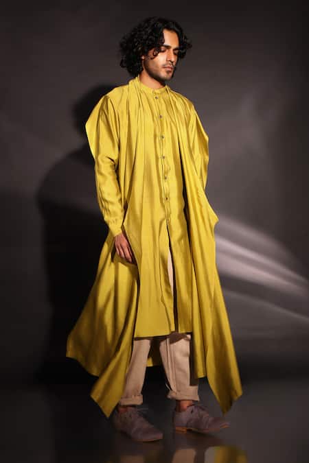 Shop Studio Error Yellow Cotton, Silk Asymmetric Draped Layered Kurta Online at Aza Fashions Shop_Studio Error_Yellow Cotton, Silk Asymmetric Draped Layered Kurta _Online_at_Aza_Fashions