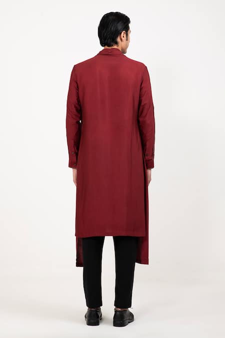 Shop Studio Error Red Cotton, Silk Patchwork Long Draped Kurta at Aza Fashions Shop_Studio Error_Red Cotton, Silk Patchwork Long Draped Kurta _at_Aza_Fashions