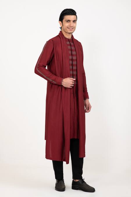 Studio Error Red Cotton, Silk Patchwork Long Draped Kurta Online at Aza Fashions Studio Error_Red Cotton, Silk Patchwork Long Draped Kurta _Online_at_Aza_Fashions