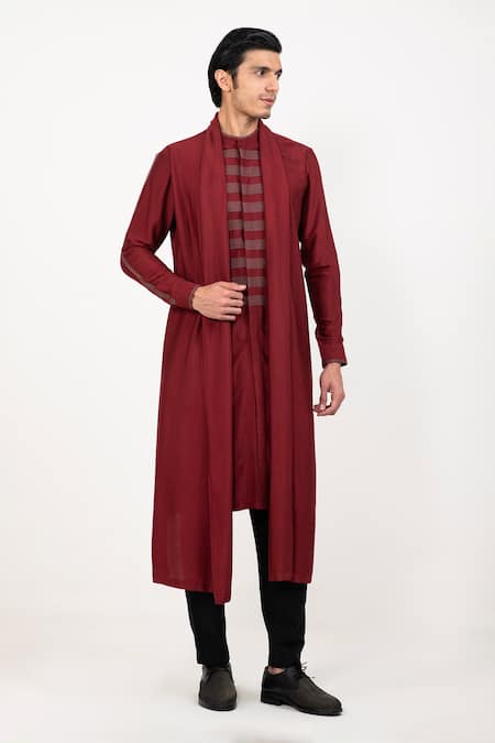 Shop Studio Error Red Cotton, Silk Patchwork Long Draped Kurta Online at Aza Fashions Shop_Studio Error_Red Cotton, Silk Patchwork Long Draped Kurta _Online_at_Aza_Fashions