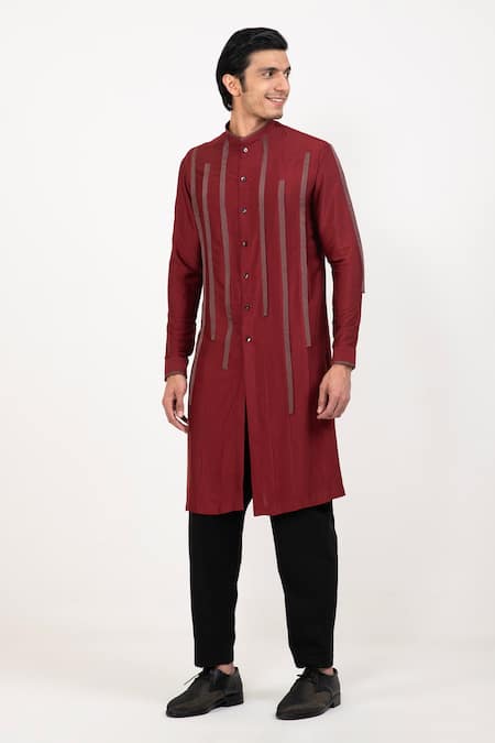 Studio Error Red Cotton, Silk Patchwork Stripe Kurta Online at Aza Fashions Studio Error_Red Cotton, Silk Patchwork Stripe Kurta _Online_at_Aza_Fashions